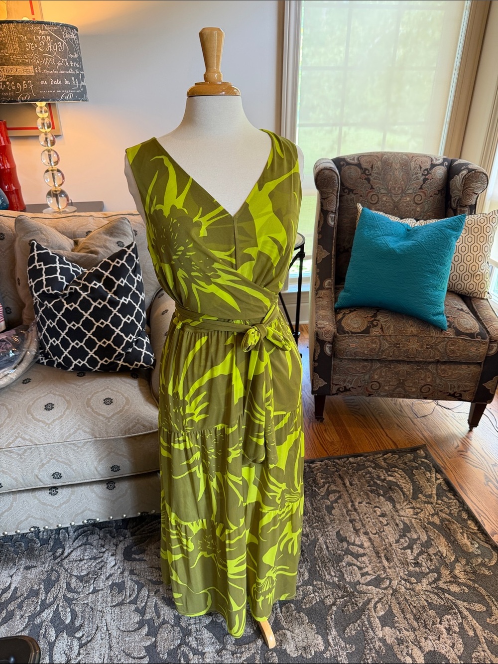 Cabi tie front dress Green Floral Wrap Maxi Dress